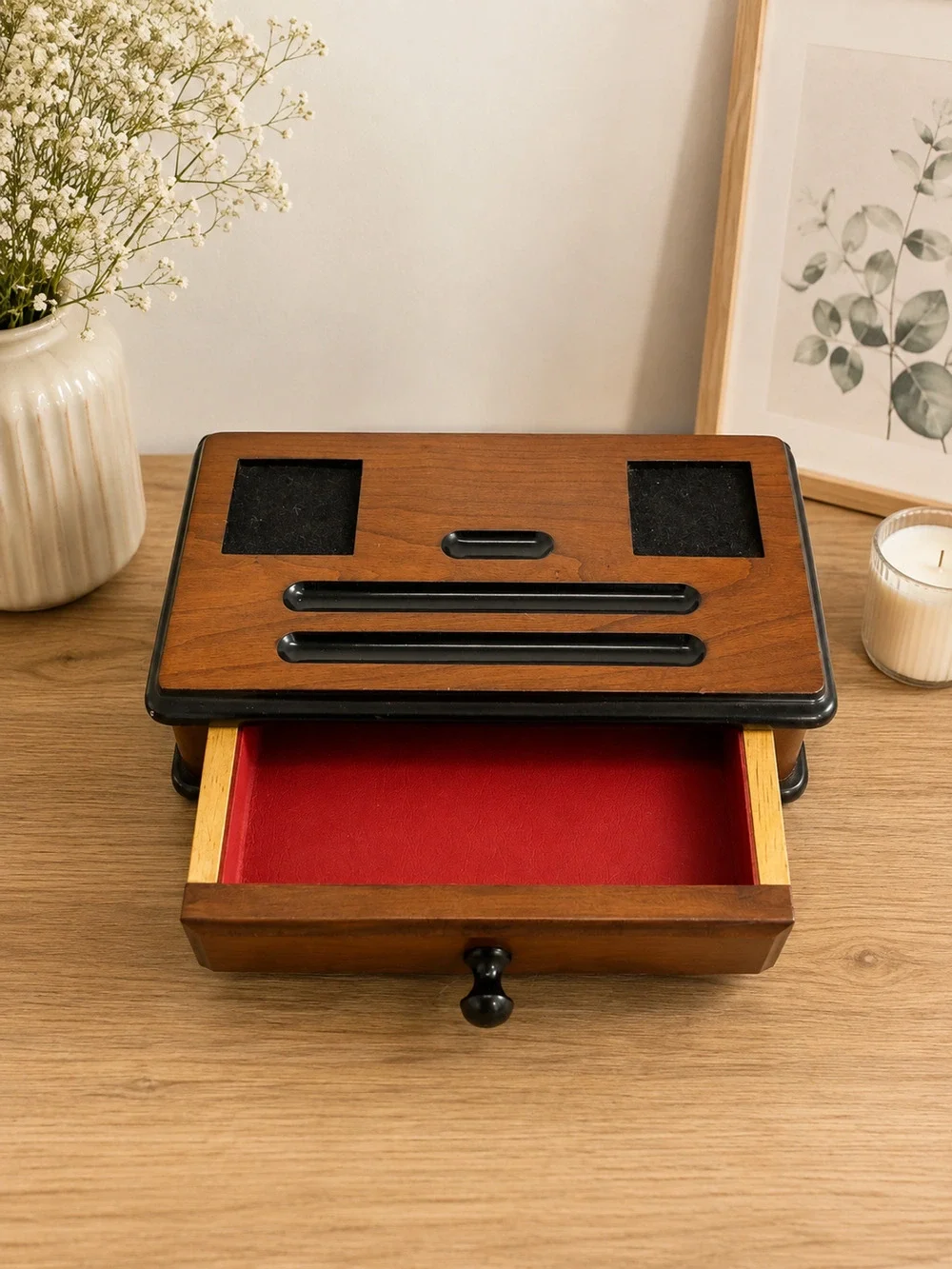 Vintage Wooden Desk Organizer Pen Holder w/ Drawer Felt Compartments Office...